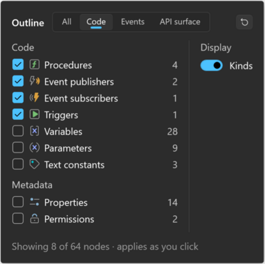 Prism for C/AL outline filter popup for a codeunit with presets, node types and the Kinds switch