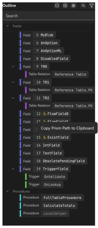 Prism for C/AL outline scrolled into the fields with the group rows pinned and the context menu of a field open