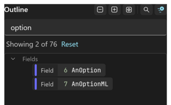 Prism for C/AL outline narrowed by a search, with the Showing X of Y line and its tooltip and Reset