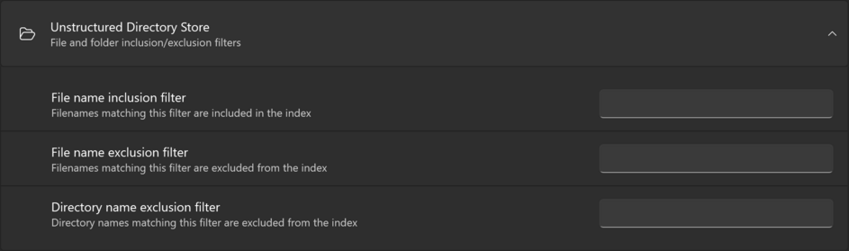 The Unstructured Directory Store group of the Settings page, expanded