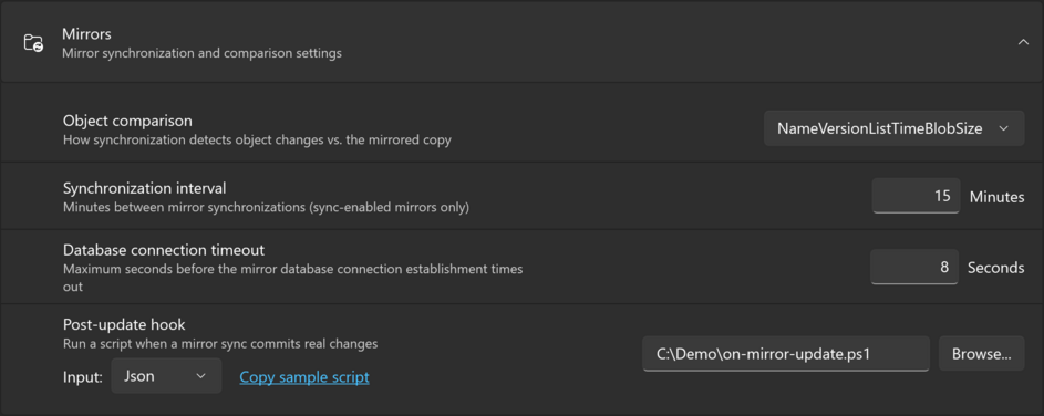 The Mirrors group of the Settings page, expanded
