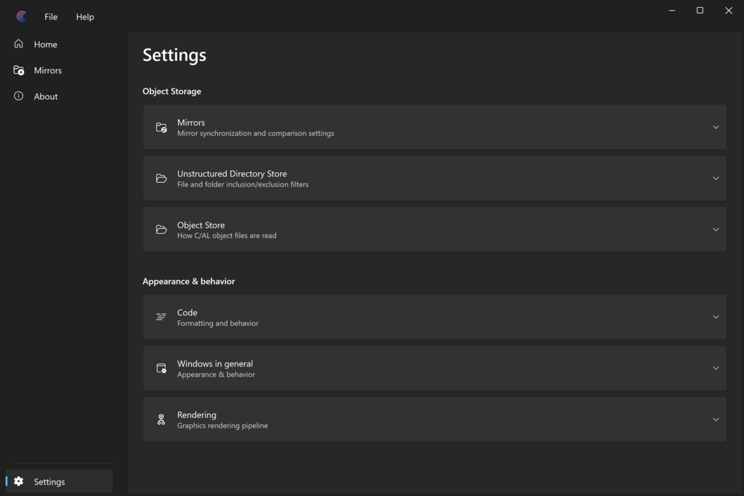Prism for C/AL Settings page with all setting groups collapsed