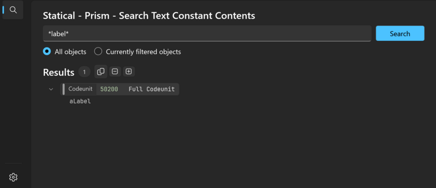 Prism for C/AL Text Constants window with results for an error message pattern