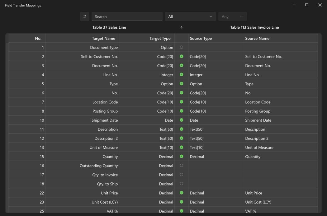 Prism for C/AL Field Transfer Mappings window between two tables