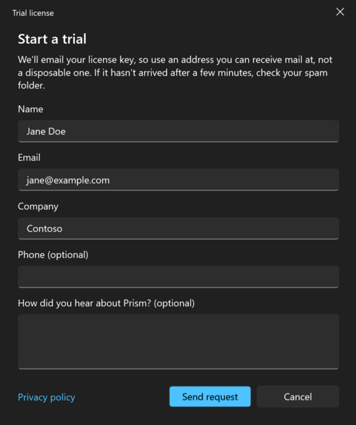 Prism for C/AL Trial license window with the request form filled in