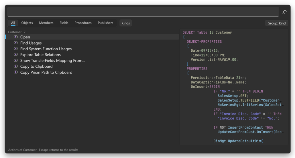 Prism for C/AL Universal Search listing the actions of table Customer