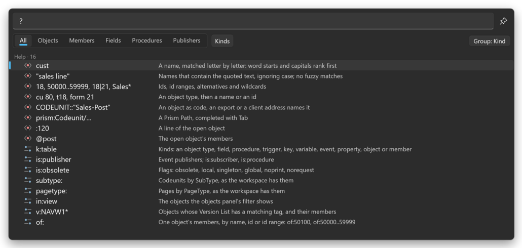 Prism for C/AL Universal Search with a question mark typed, listing the Help group of query forms and filter tokens