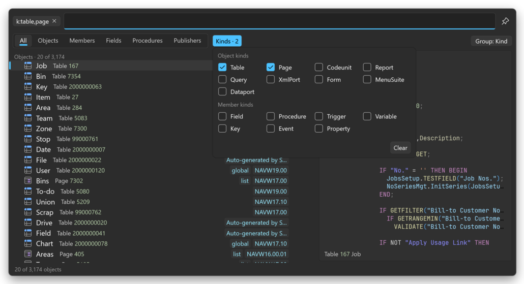 Prism for C/AL Universal Search with the Kinds checklist open and Table and Page checked