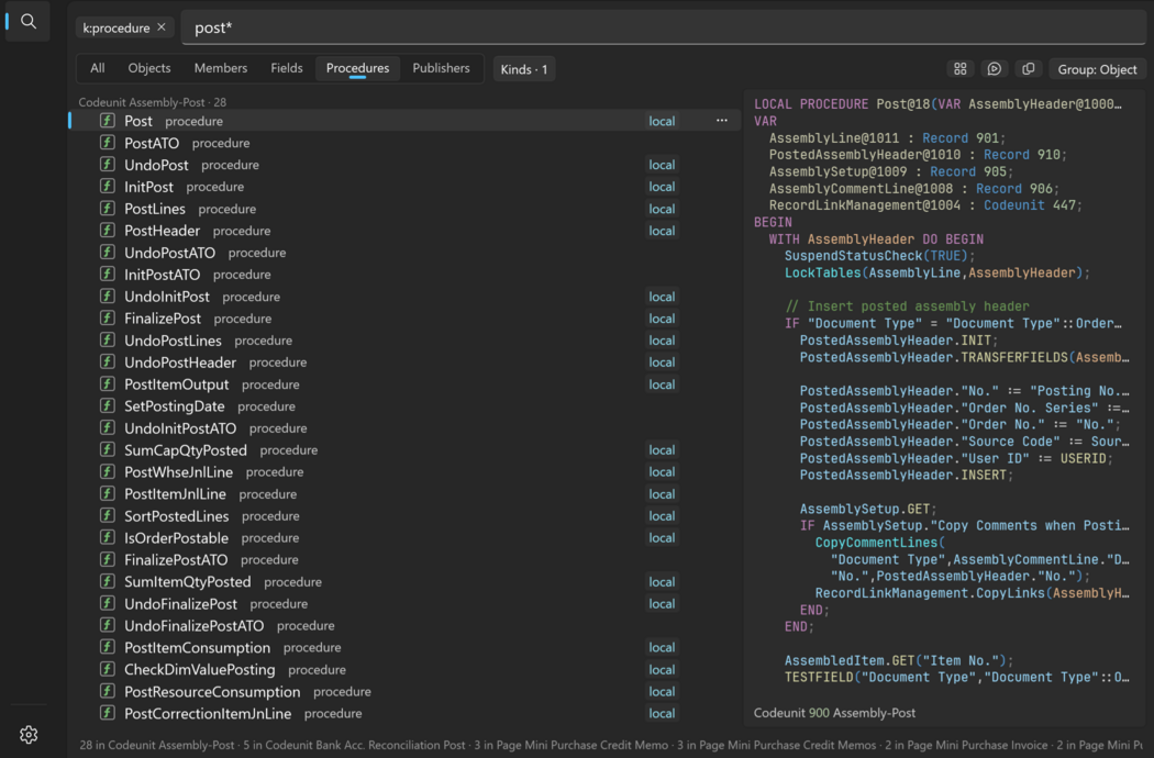 Prism for C/AL pinned Universal Search window with procedures grouped by object