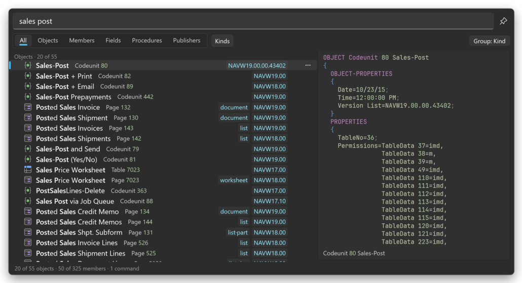 Prism for C/AL Universal Search results grouped by kind, with the selected object's source in the preview