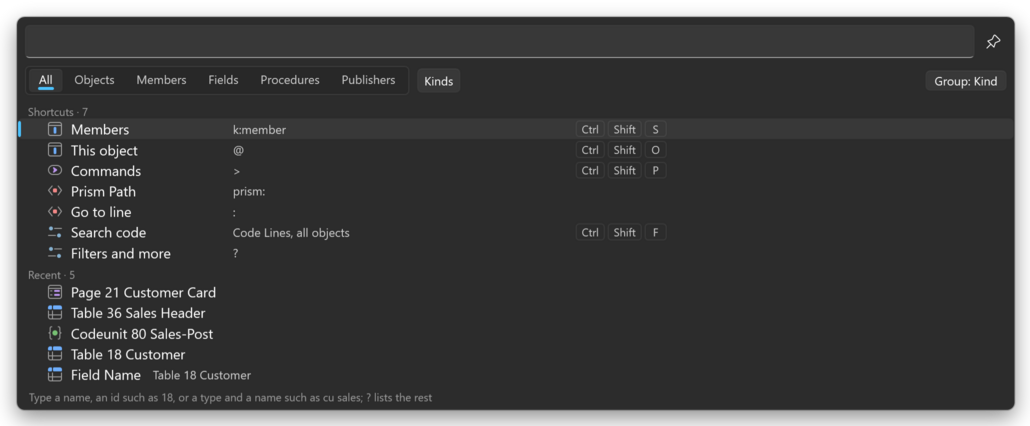 Prism for C/AL Universal Search with an empty box, listing the Shortcuts and Recent groups