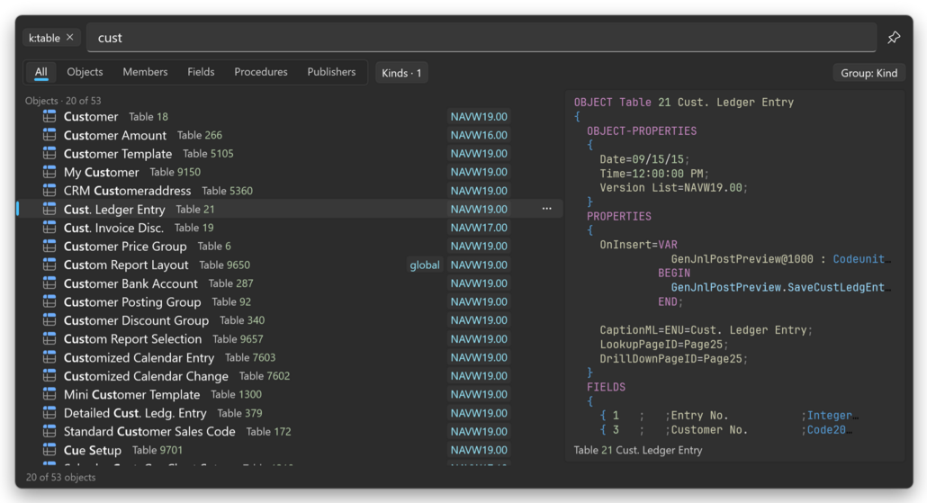 Prism for C/AL Universal Search with a k:table pill, tables matching cust, and a source preview