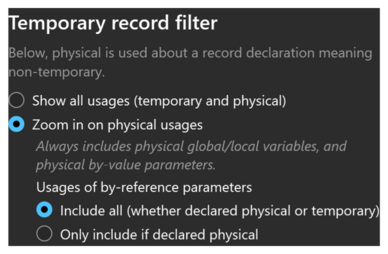Prism for C/AL Usages window with the temporary record filter