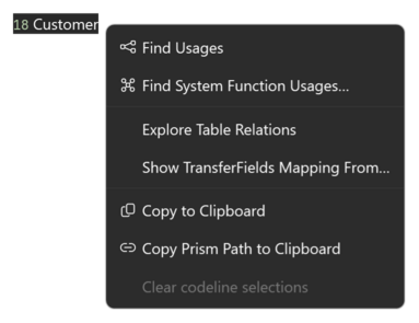 The object index with the context menu of table 18 Customer open