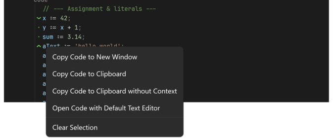 Code lines selected in the object view, with the context menu of the selection open