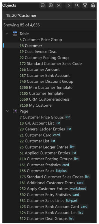 The object index filtered with 18..20|*Customer, showing the matching objects