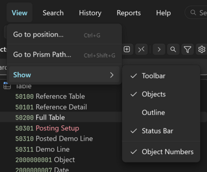 The View menu of a workspace window with its Show submenu open and the outline hidden