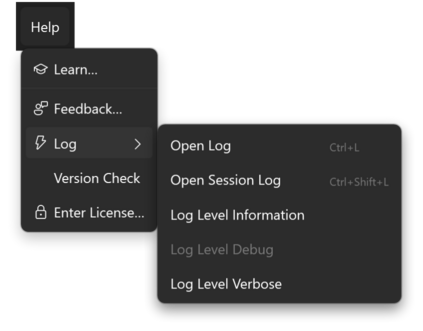 Prism for C/AL workspace window with the Help menu open and its Log submenu