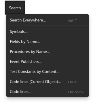 Prism for C/AL workspace window with the Search menu open