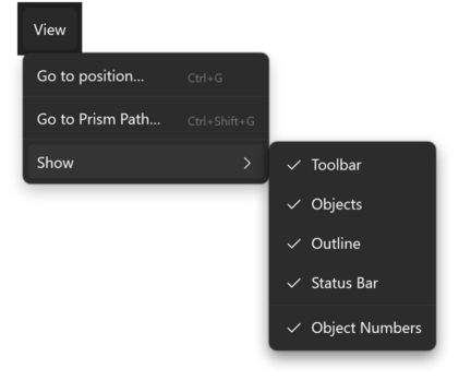 Prism for C/AL workspace window with the View menu open and its Show submenu