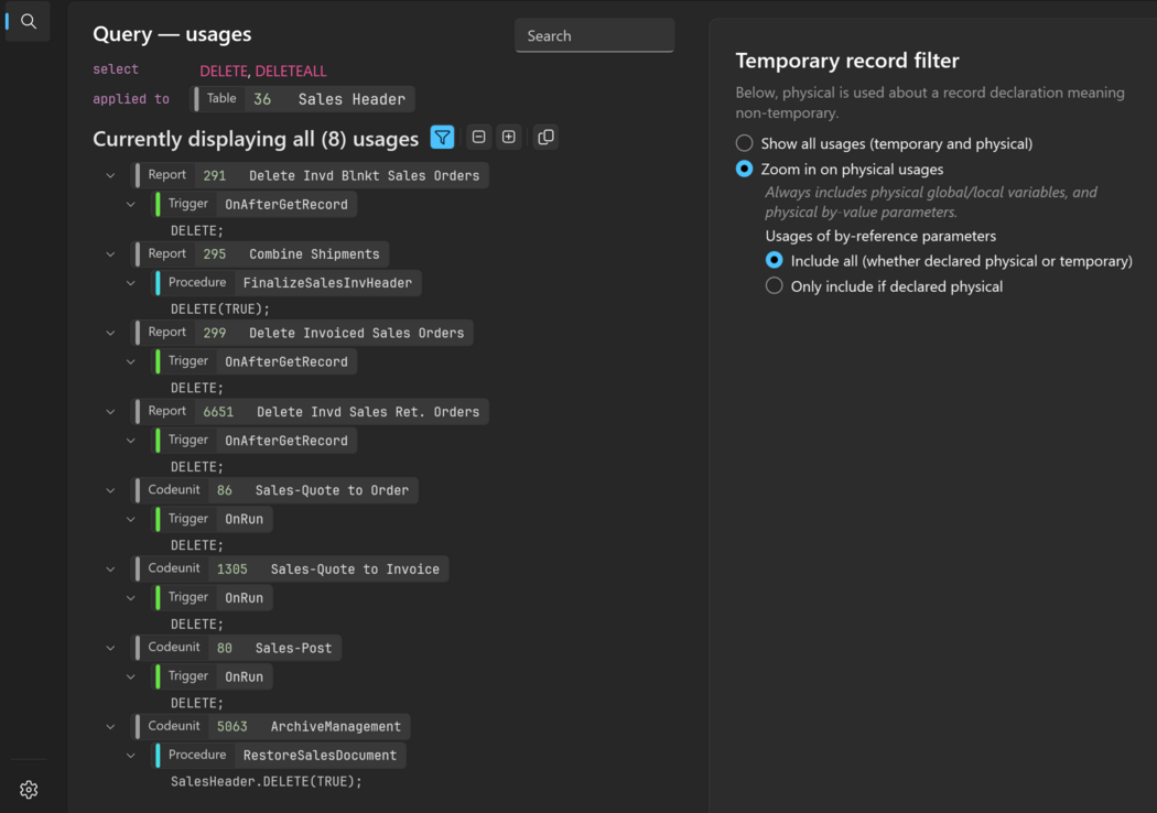 Prism for C/AL: Filter system function usages results to e.g. only show non-temporary usages