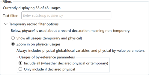 Prism for C/AL: Filter system function usages results to e.g. only show non-temporary usages