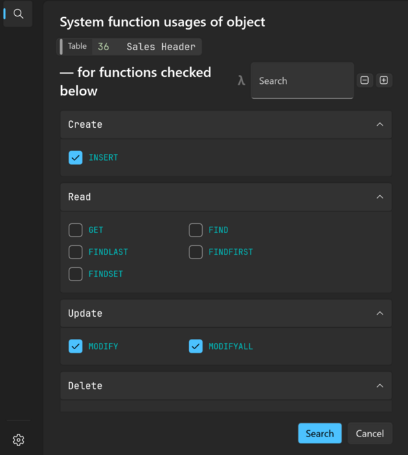 Prism for C/AL: Select system functions to find usages of