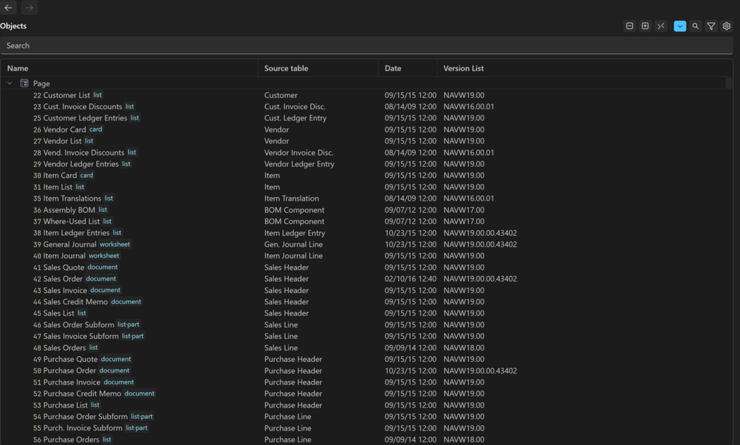 Prism for C/AL: the object index filling the window, with Version List, Date and Source table columns