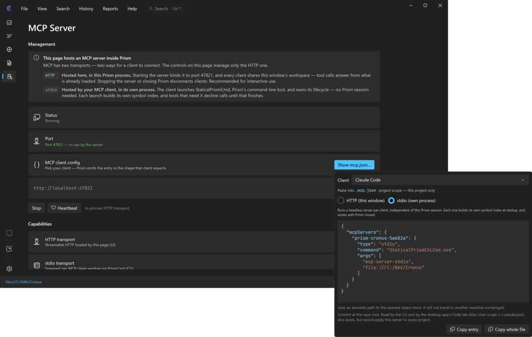 Prism for C/AL: the MCP client configuration for Visual Studio Code, from the MCP Server page