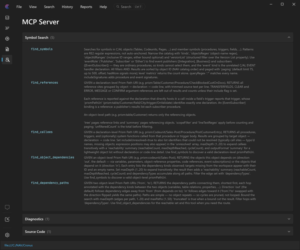 Prism for C/AL: the Tools list on the MCP Server page, grouped by category with each tool's description