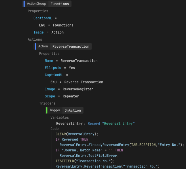 Prism for C/AL: Structured object view, here a page action with a trigger