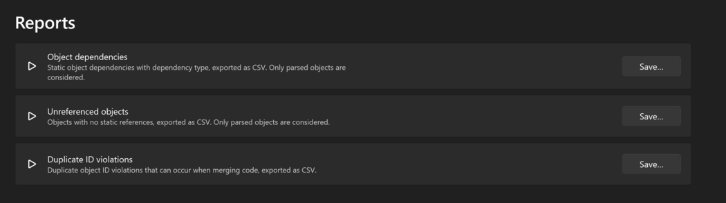 Prism for C/AL: the Reports page with its three reports