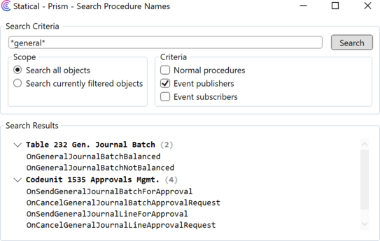 Prism for C/AL: Search events by name