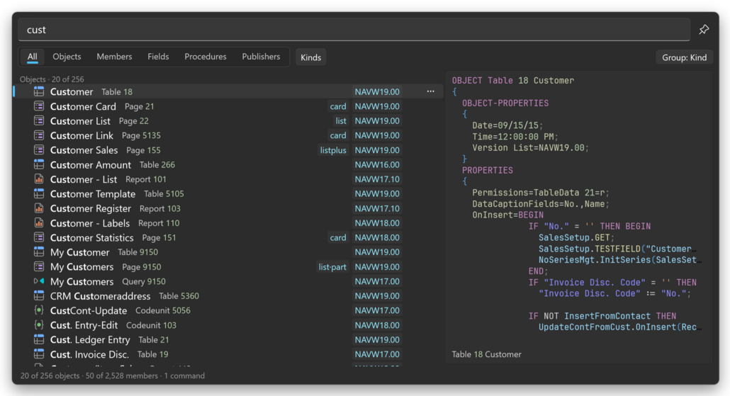Prism for C/AL: the Ctrl+T Universal Search with the objects matching a name, and a preview of the selected one